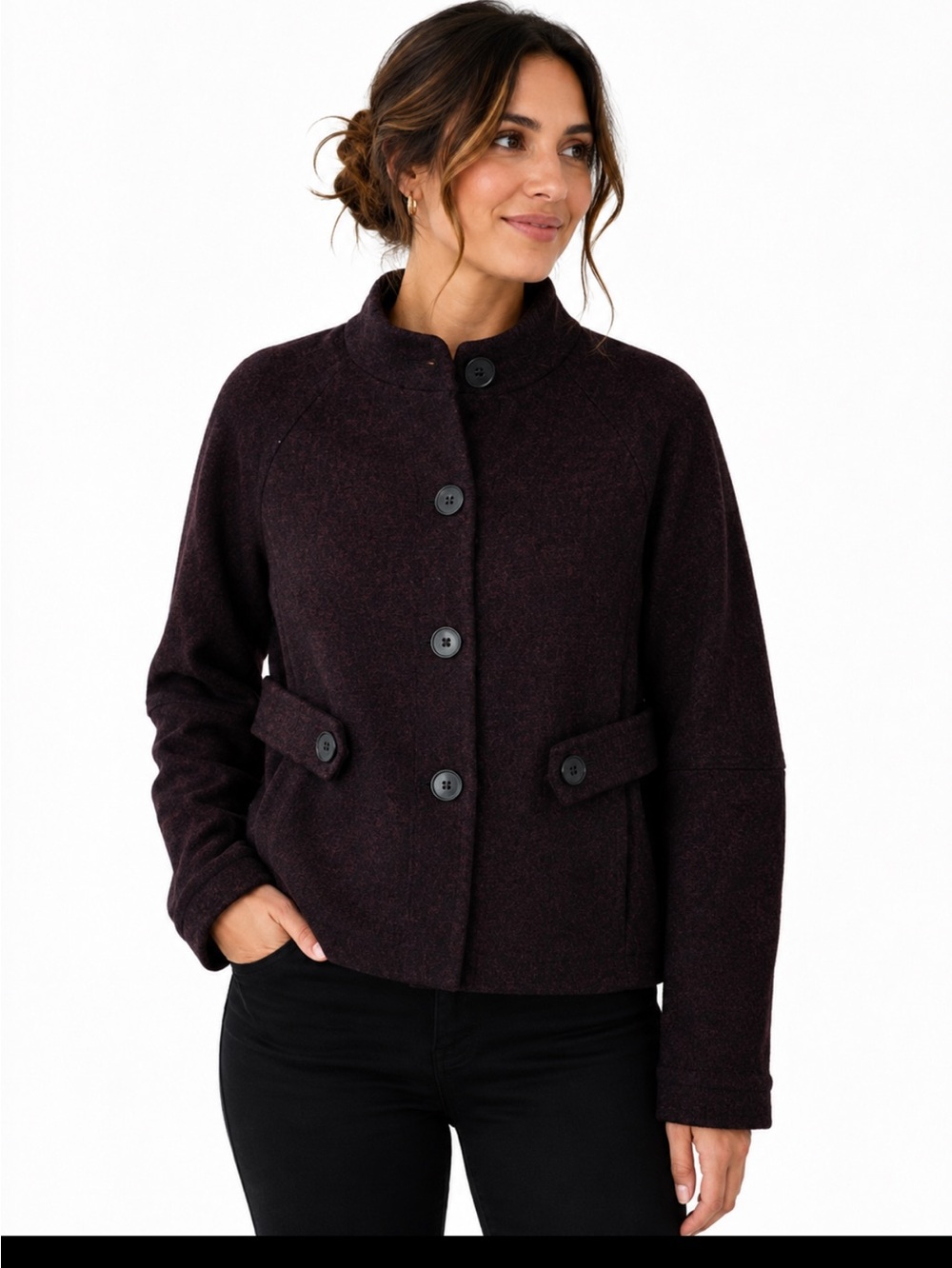 Theory burgundy black angora Pea Coat size L -S preppy office classic